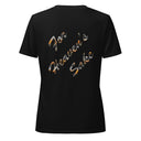 black Back of women’s We Need Jesus Sunset V-neck tee reading For Heaven’s Sake with sunset-filled lettering
