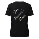 ghost Back of black women’s We Need Jesus Sunrise V-neck tee reading For Heaven’s Sake with sunrise-filled lettering