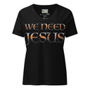 black ghost of Women’s We Need Jesus Sunset V-neck tee with lettering filled with a Mount Dora Florida sunset photograph