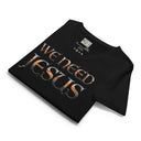 black flat view of Women’s We Need Jesus Sunset V-neck tee with lettering filled with a Mount Dora Florida sunset photograph