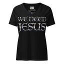 black ghost of Women’s We Need Jesus Sunrise V-neck tee with lettering filled with an Aruba sunrise photograph
