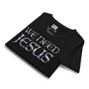 black flat view of Women’s We Need Jesus Sunrise V-neck tee with lettering filled with an Aruba sunrise photograph
