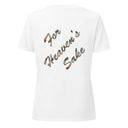white Back of women’s We Need Jesus Sunset V-neck tee reading For Heaven’s Sake with sunset-filled lettering