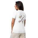 white Back view of model wearing women’s We Need Jesus Sunset V-neck tee reading For Heaven’s Sake with sunset-filled lettering