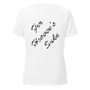 ghost back of white Back of women’s We Need Jesus Sunrise V-neck tee reading For Heaven’s Sake with sunrise-filled lettering