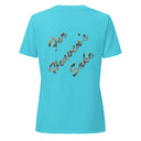 turquoise Back of women’s We Need Jesus Sunset V-neck tee reading For Heaven’s Sake with sunset-filled lettering