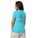 turquoise Back view of model wearing women’s We Need Jesus Sunset V-neck tee reading For Heaven’s Sake with sunset-filled lettering