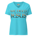 turquoise ghost of Women’s We Need Jesus Sunset V-neck tee with lettering filled with a Mount Dora Florida sunset photograph