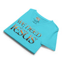 turquoise flat view of Women’s We Need Jesus Sunset V-neck tee with lettering filled with a Mount Dora Florida sunset photograph