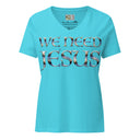 turquoise ghost of Women’s We Need Jesus Sunrise V-neck tee with lettering filled with an Aruba sunrise photograph